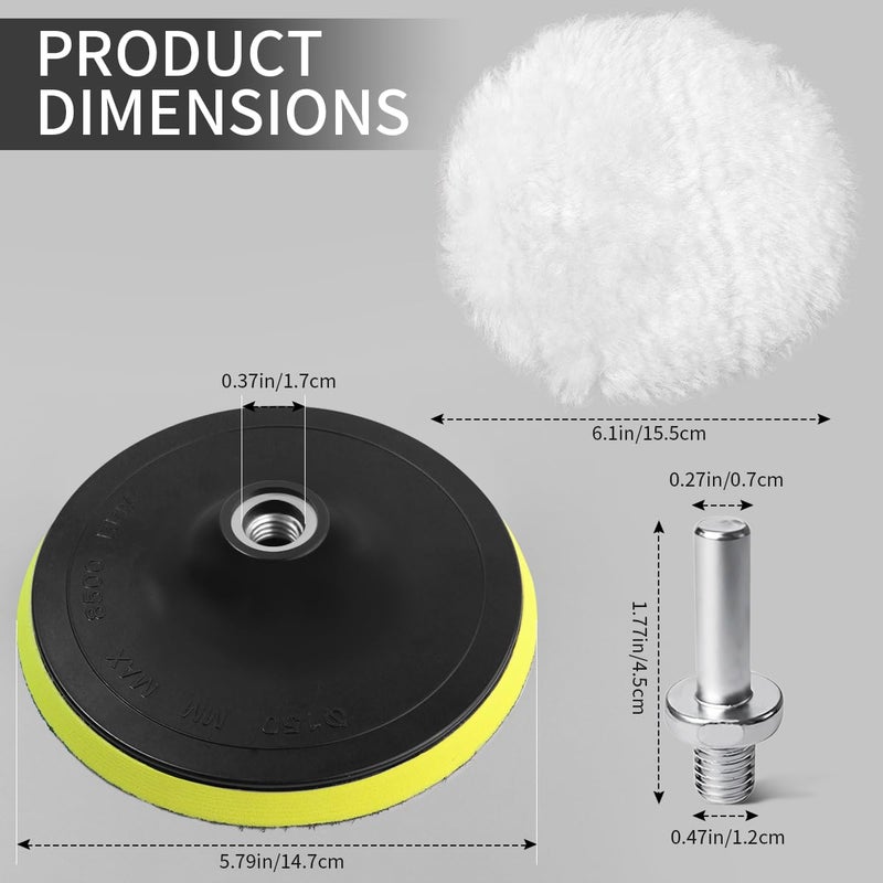 Quadafy 7 Piece 6 Inch Wool Buffing Pad, Drill Buffer Connecting M12 Drill Adapter, Buffing Pads, for Car Polishing and Waxing, Painting Tabletops, Old Leather Sofas, Tile Polishing - Image 2